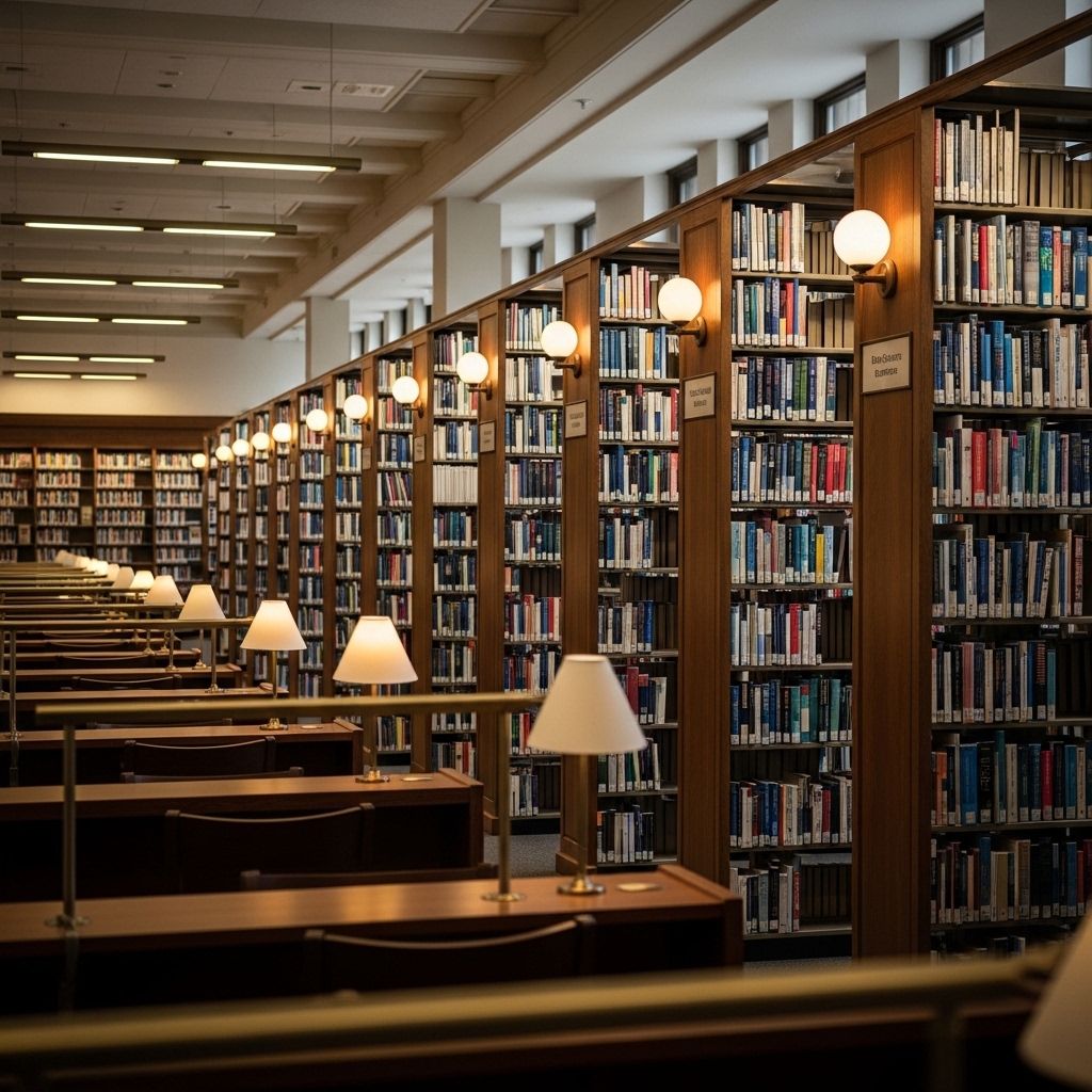 Bibliothèque institutionnelle avec rangées de livres sur les sciences de la vie et la nutrition, dans une lumière chaude et tamisée, évoquant un espace de recherche et de connaissance sérieux