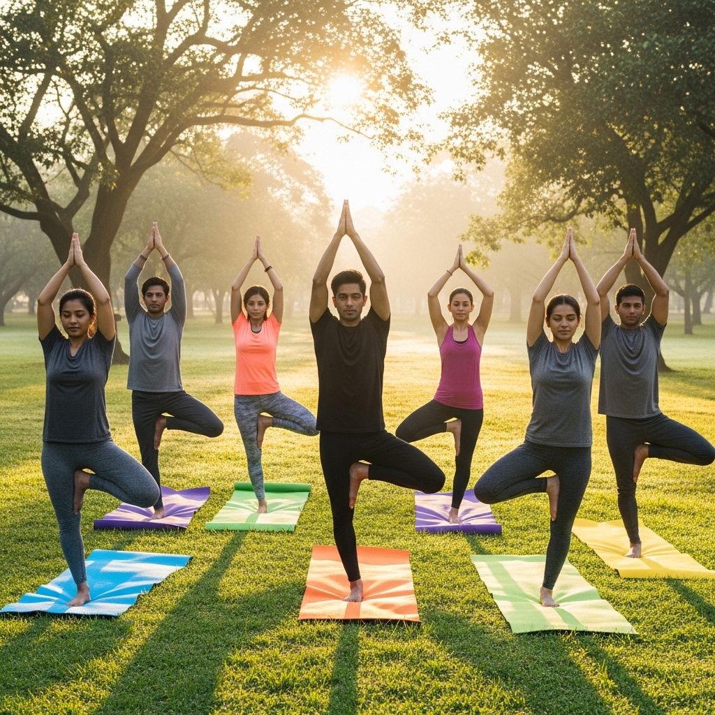 Groupe de personnes pratiquant du yoga en plein air dans un parc verdoyant au lever du soleil, sur des tapis colorés, dans une posture apaisée et concentrée