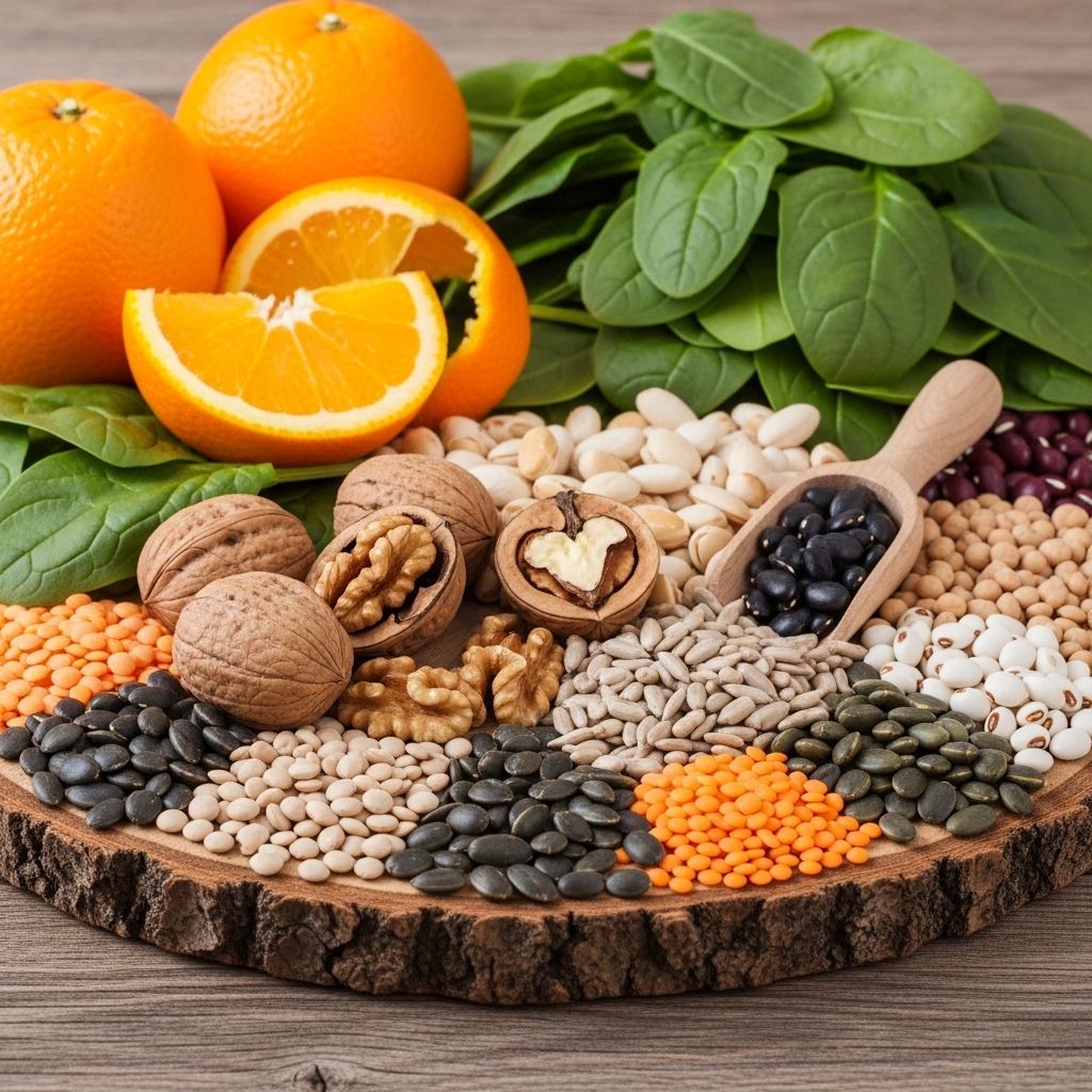 Assortiment coloré de fruits et légumes frais riches en vitamines et minéraux — oranges, épinards, noix, graines de tournesol et légumineuses — disposés sur une surface en bois naturel dans une lumière douce