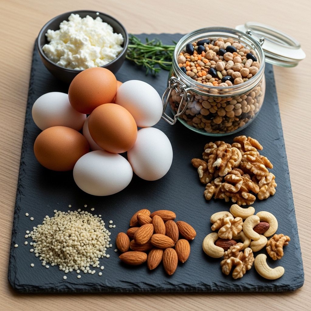 Différentes sources de protéines alimentaires naturelles présentées sur une planche en ardoise — œufs, légumineuses sèches, fromage blanc, graines de chanvre et noix — dans une composition soignée et appétissante