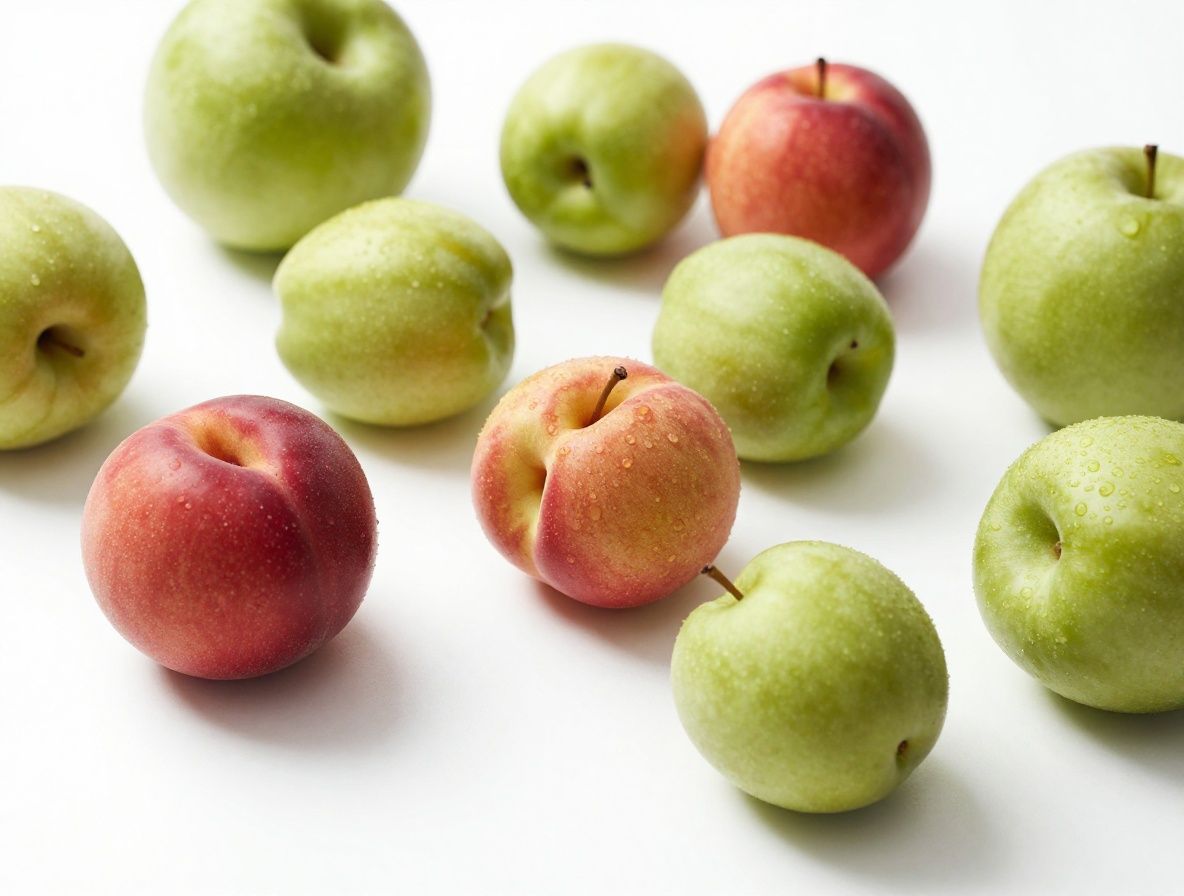 Pomme rouge et verte posées sur une surface blanche minimaliste, éclairées par une lumière douce, représentant la diversité et la simplicité des choix alimentaires sains