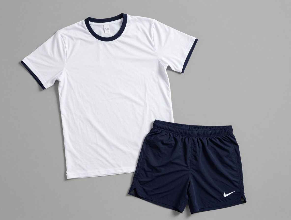 Tenue de sport pliée soigneusement sur fond blanc, comprenant un t-shirt technique et un short, illustrant l'équipement pour l'activité physique quotidienne sans excès