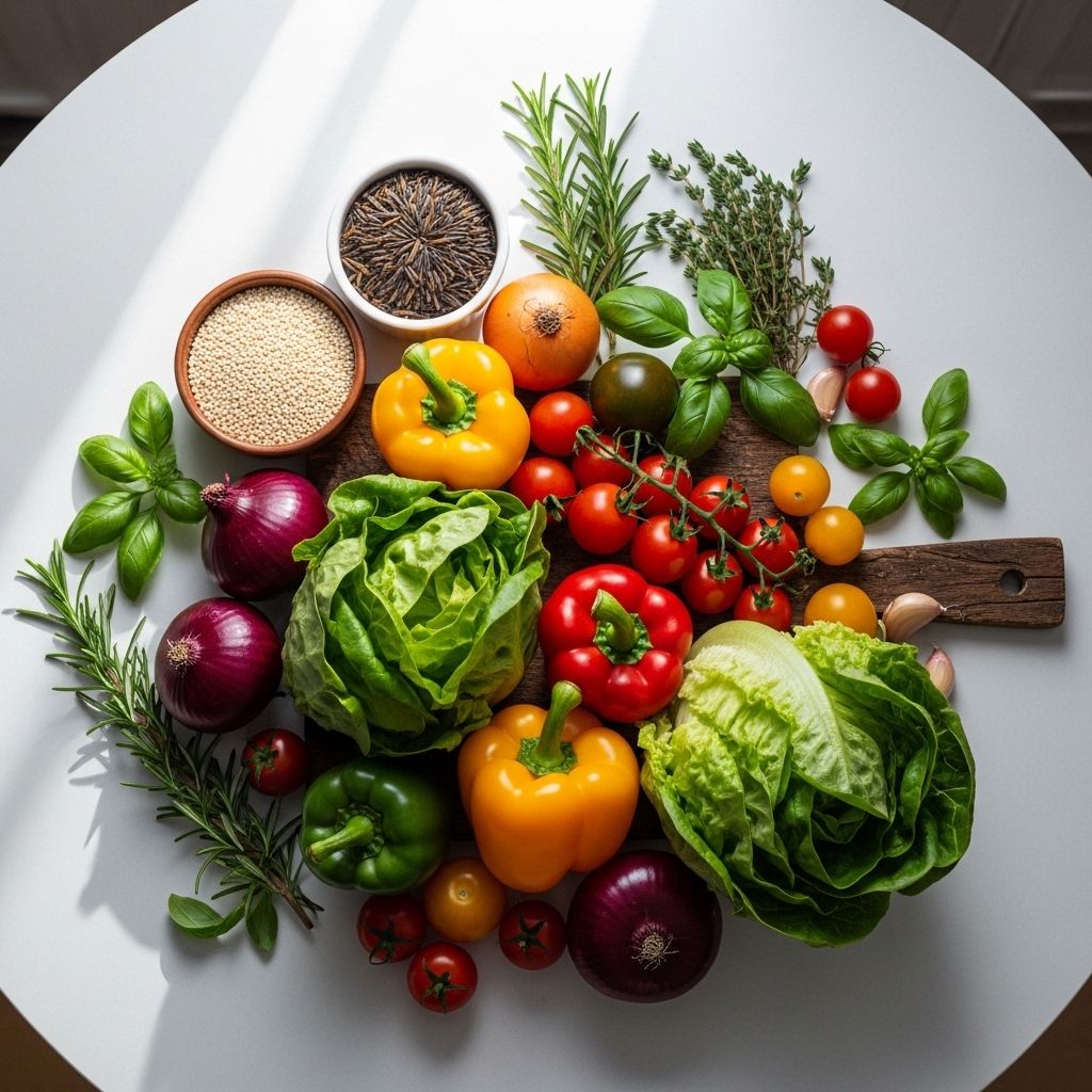 Table de cuisine avec des ingrédients alimentaires bruts et naturels disposés soigneusement — légumes, herbes fraîches, grains — sur fond blanc mat, dans une lumière douce et directionnelle