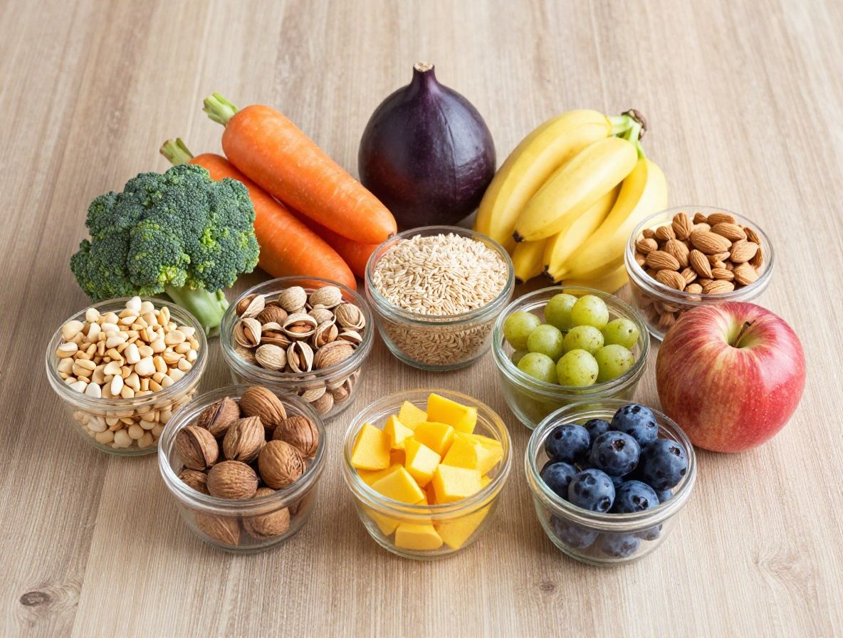 Assortiment coloré de légumes frais, fruits variés, noix et céréales complètes disposés harmonieusement sur une surface en bois clair, illustrant la diversité des aliments nutritifs dans un régime équilibré