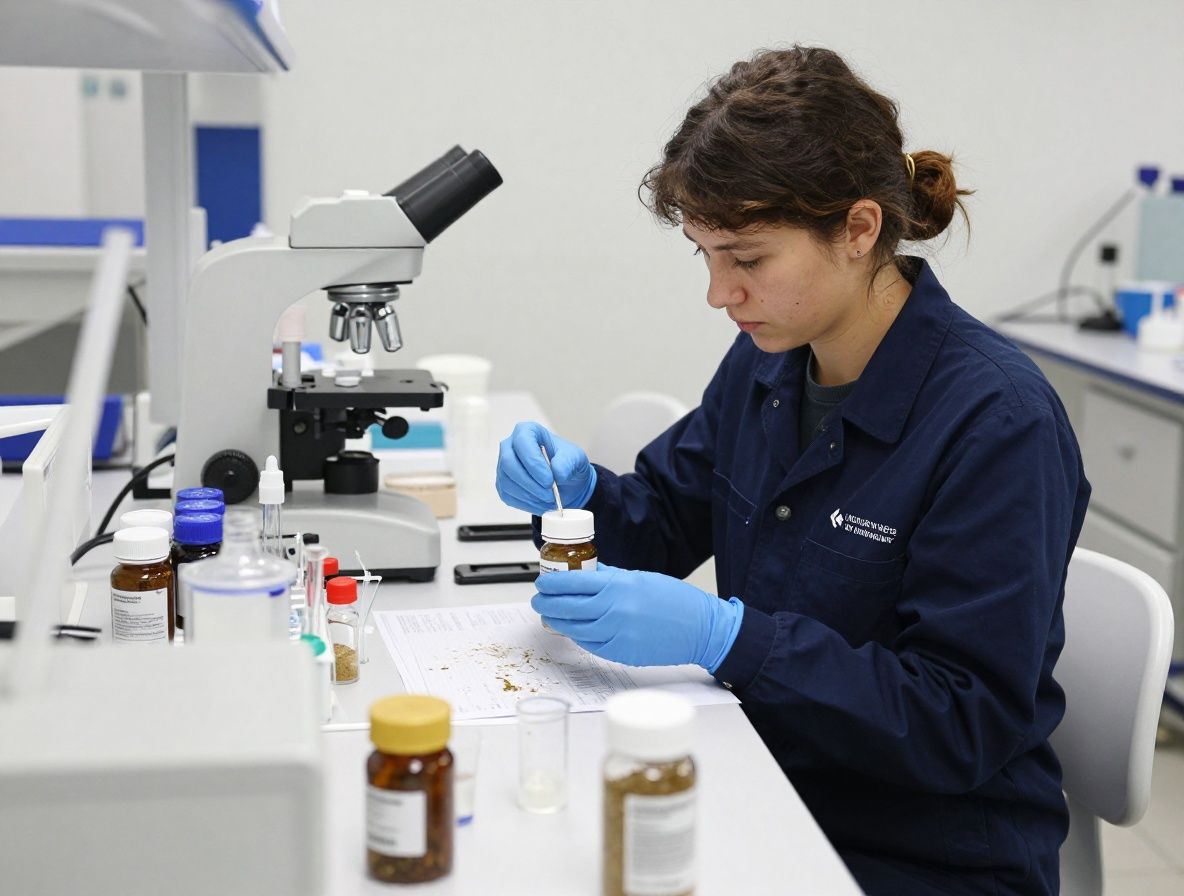 Laboratoire de recherche nutritionnelle propre et lumineux avec des fioles en verre contenant des poudres naturelles et des équipements scientifiques de mesure, sans marques visibles, ambiance scientifique sérieuse